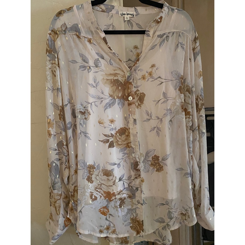 Hope Springs Floral Gold Metallic Filigree Sheer Blouse with Camisole XL Tan